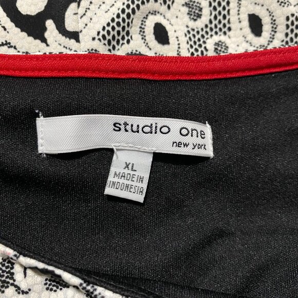 Studio One New York Dress XL Black White Lace Print Fit Flare Monochrome Classic - Picture 3 of 8